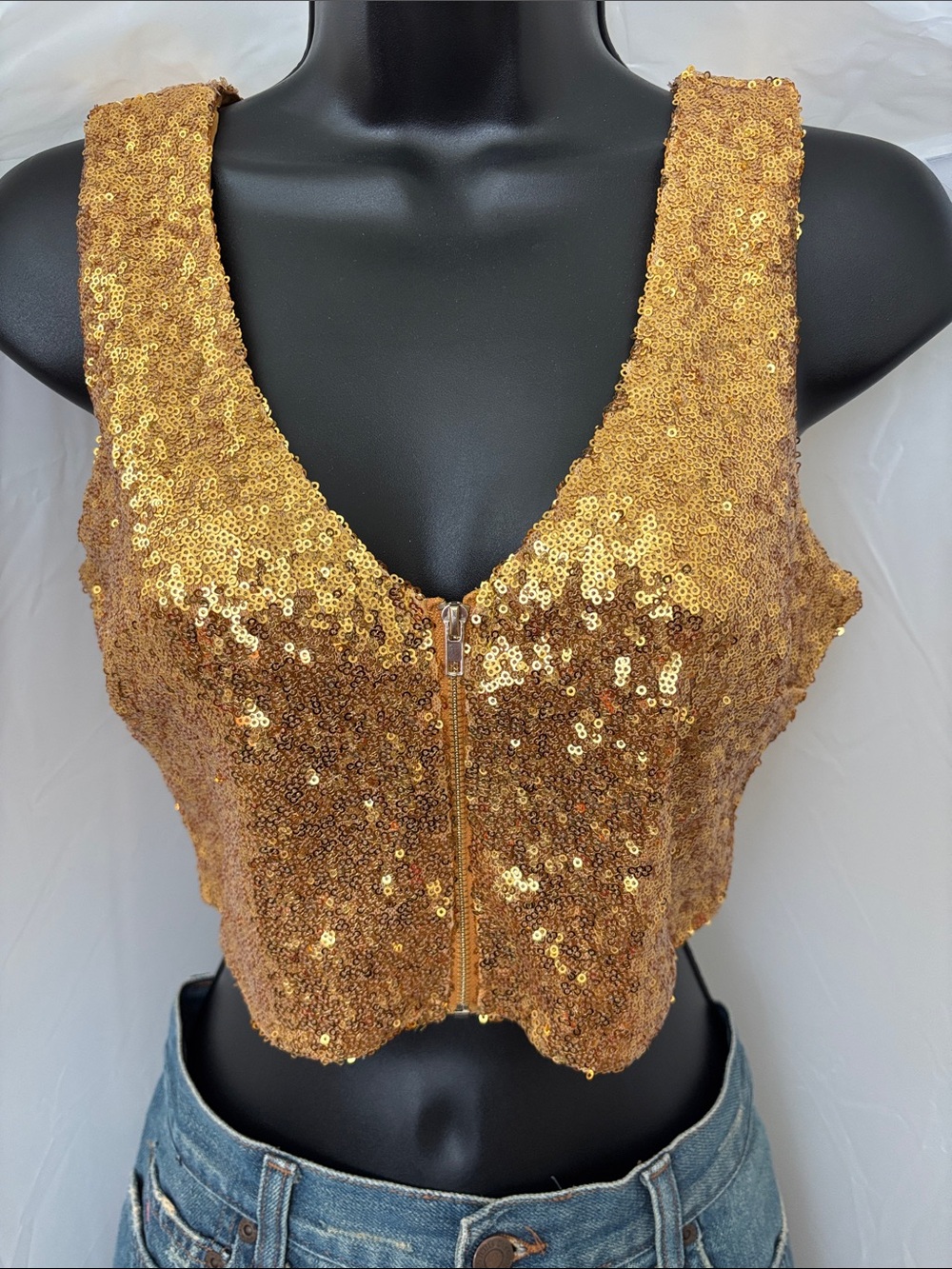 Gold Sequin Zip-Front Crop Tank Top